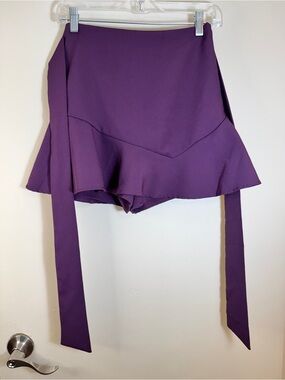 Zara Womens Mini Skort Purple Fit‎ and Flare Ruffle Sash Tie Skirt over Shorts